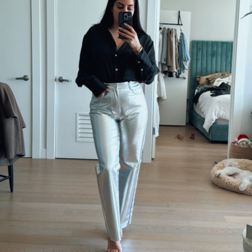 Silver Metallic Straight Leg Jeans